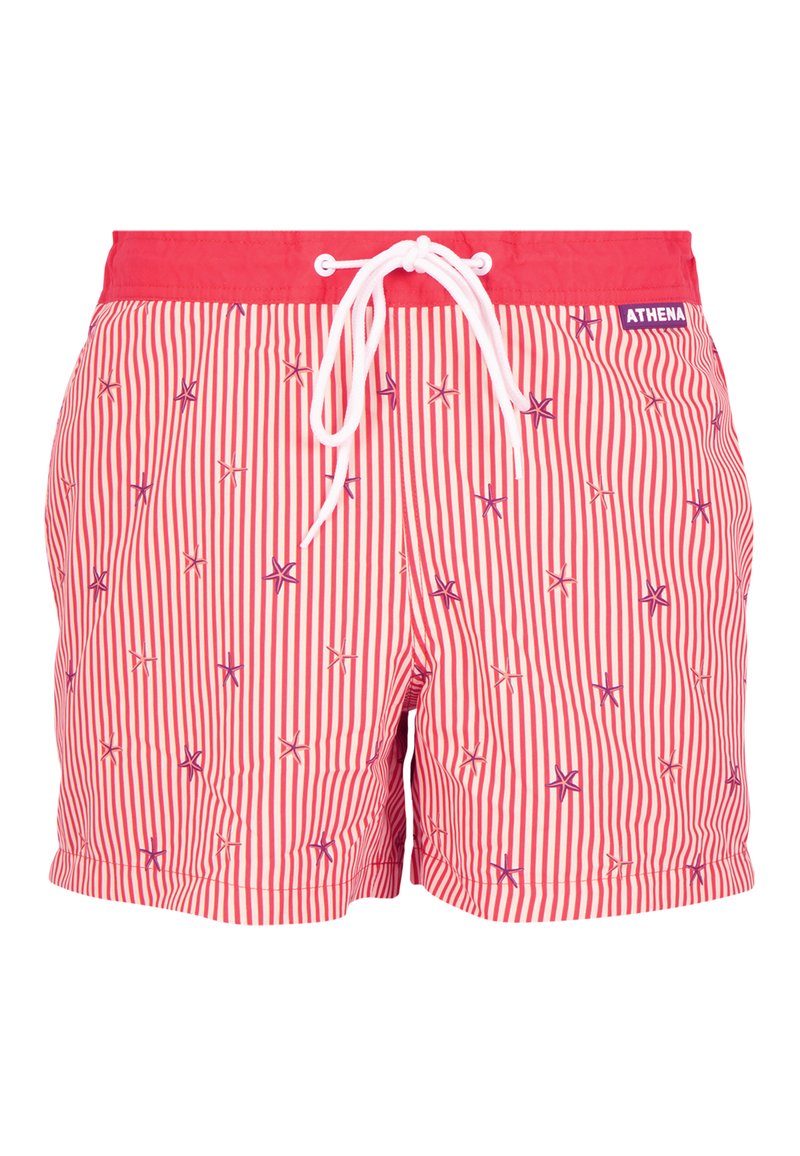 Shorts de bain rayés rouges et blancs avec cordon blanc, ornés d'un motif d'étoiles de mer en violet. Détails du matériau non visibles.