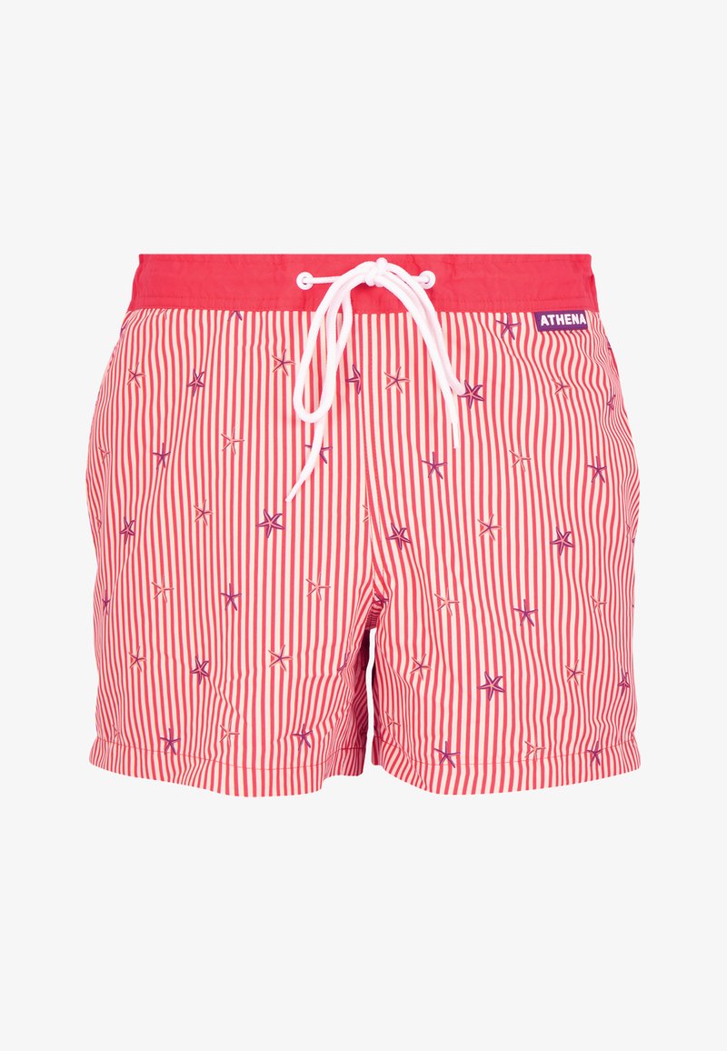 Shorts de bain rayés rouges et blancs avec cordon blanc, ornés d'un motif d'étoiles de mer en violet. Détails du matériau non visibles.