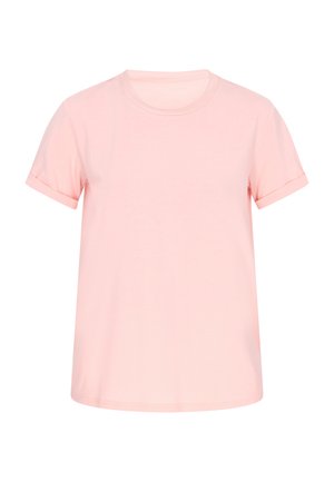Lyserød T-shirt med korte ærmer, opkrogede manchetter og rund hals, vist mod en hvid baggrund.