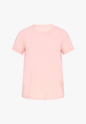 Lyserød T-shirt med korte ærmer, opkrogede manchetter og rund hals, vist mod en hvid baggrund.