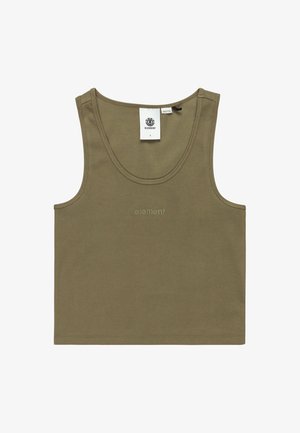 Débardeur vert olive en coton côtelé, avec un col rond et un logo "element" brodé au centre. Texture lisse.