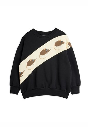 Sort langærmet sweatshirt med en diagonalt cremefarvet stribe med et gentaget mønster af små brune tegneseriemus med blå øjne.
