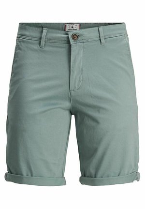 Hellgrüne Baumwollshorts mit umgeschlagenen Säumen, ausgestattet mit einem Knopfverschluss vorne und gestickten Details. Standardbund mit Gürtelschlaufen.