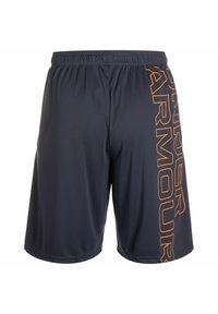 Marine atletische shorts met een elastische tailleband, voorzien van een gedurfde oranje "ARMOUR" logo langs de zijkant. Glad, lichtgewicht stof.