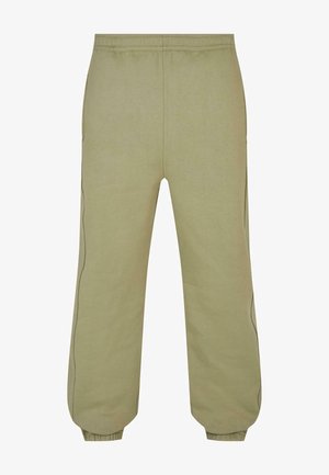 Pantaloni de trening de culoare verde măslin deschis, confecționați dintr-un material moale, cu un elastic la brâu, manșete ribbate și detalii decorative pe laterale.