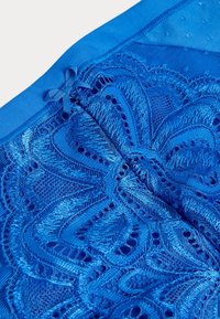 Lingerie blu in pizzo con dettagli floreali intricati, rete testurizzata e una vita in satin morbido con un piccolo fiocco.