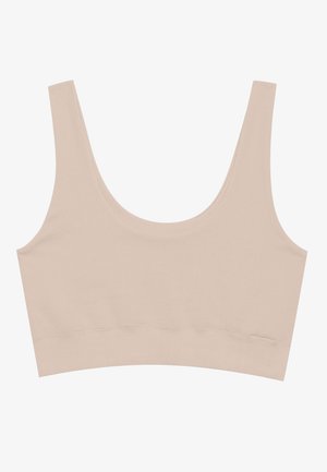 Beige bordázott bralette széles pántokkal és kerek nyakkivágással. Puha, rugalmas anyag és zökkenőmentes hem, hogy kényelmes viseletet biztosítson.