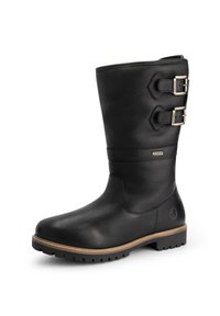 Zwarte leren laarzen tot halverwege de kuit met twee zilveren gespen aan de zijkant, een gegraffineerde bovenkant, een tan middenzool en een robuuste zwarte buitenzool.