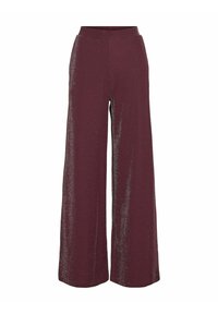 Pantalons larges bordeaux avec une texture scintillante, dotés d'une taille élastique et d'une coupe longue jusqu'au sol. Adaptés à diverses occasions.