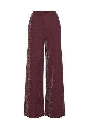 Pantalons larges bordeaux avec une texture scintillante, dotés d'une taille élastique et d'une coupe longue jusqu'au sol. Adaptés à diverses occasions.