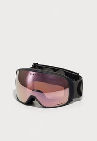 Skibriller med svart ramme, linse med rosa overgang og et grått elastisk bånd med sirkulært mønster. Designet for vintersport.