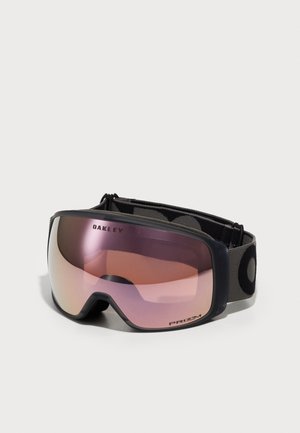 Skibriller med svart ramme, linse med rosa overgang og et grått elastisk bånd med sirkulært mønster. Designet for vintersport.
