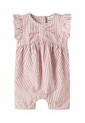 Rózsaszín-fehér függőleges csíkos baba overál rövid, fodros ujjakkal és masnival a mellrészen.