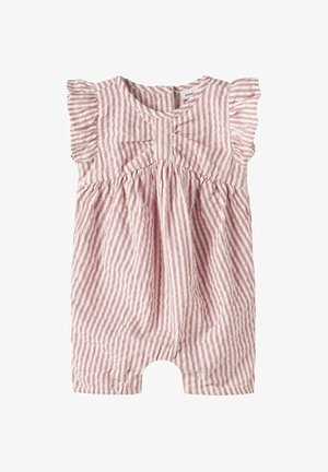 Grenouillère bébé à rayures verticales roses et blanches avec manches courtes volantées et un nœud sur la poitrine.