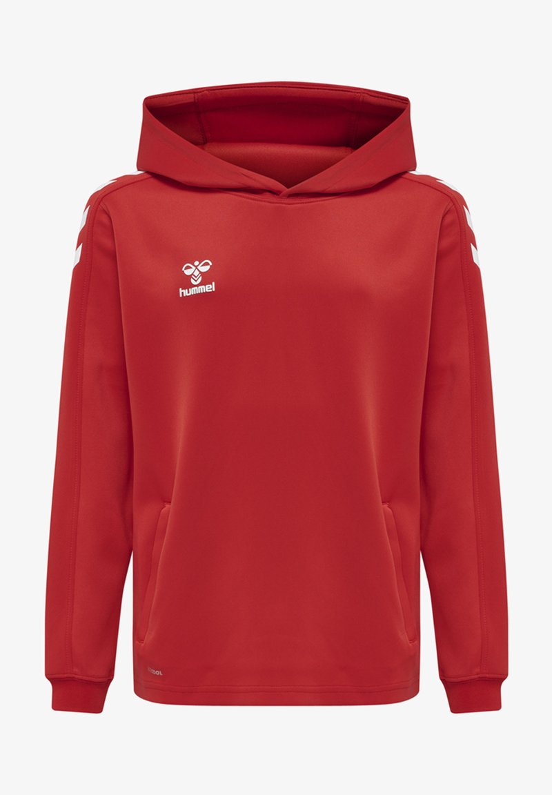 Felpa con cappuccio rossa realizzata in un tessuto morbido, con logo bianco sul petto e due tasche laterali. Include strisce bianche sulle maniche.