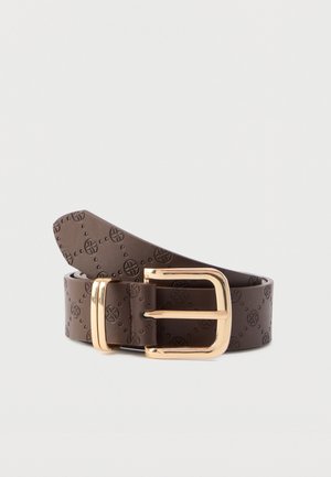 Brown embossed leather belt with gold-tone metal buckle, featuring a smooth finish and intricate pattern details.