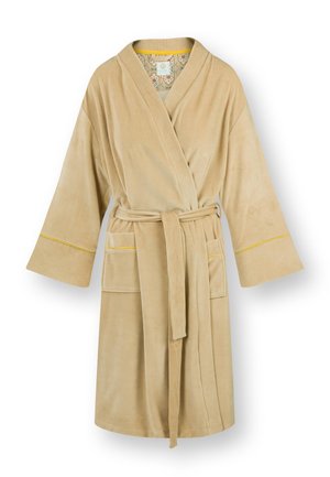 Hellbeige Frottee-Bademantel mit weiten Ärmeln, zwei frontalen Taschen mit gelber Borte, floralem Muster innen und einem Taillengürtel.