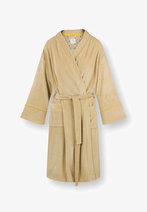 Hellbeige Frottee-Bademantel mit weiten Ärmeln, zwei frontalen Taschen mit gelber Borte, floralem Muster innen und einem Taillengürtel.