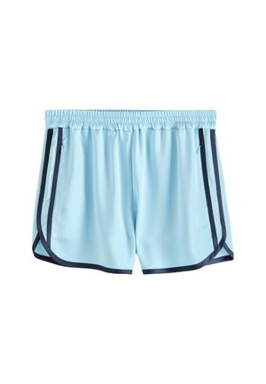 Lyseblå atletikshorts med mørk kant, elastisk talje og sidelommer med lynlås, vist på hvid baggrund.