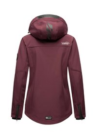 Purple women's softshell jacket with hood, zippered cuffs, and Marikoo Mountain logo on upper back and lower hem.