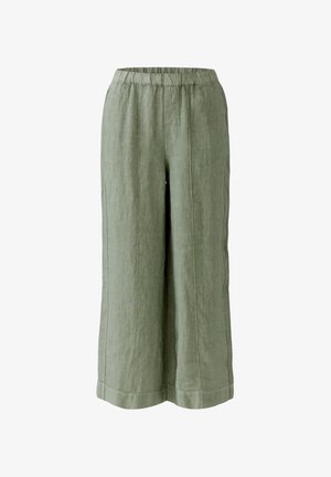 Olive green wide-leg linen pants with elastic waistband and stitched vertical seams, cropped length.