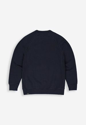 Marineblauwe sweatshirt met raglanmouwen, geribbelde boorden en zoom, gemaakt van zachte stof. Heeft een subtiel logo op de lagere zoom.