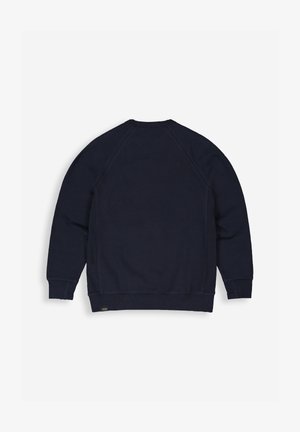Marineblauwe sweatshirt met raglanmouwen, geribbelde boorden en zoom, gemaakt van zachte stof. Heeft een subtiel logo op de lagere zoom.