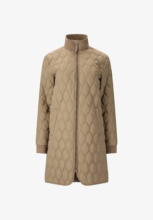 Vaaleanruskea tikattu pitkä takki, jossa korkea resorikaulus, kokopitkä vetoketju edessä ja resoriset hihansuut pitkissä hihoissa.