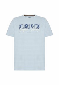 Šviesiai mėlynas medvilninis T-puloveris, su apvaliu kaklu, trumpomis rankovėmis, kuriame yra grafiką su "1967" ir "Signal Clothing" navy ir baltos spalvų.