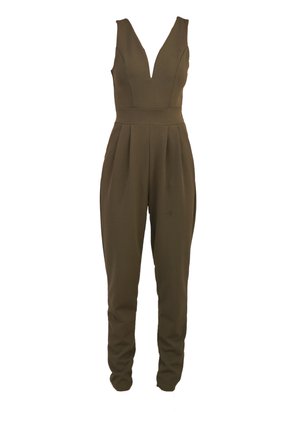 Combinaison vert olive avec un décolleté en V profond, sans manches, devant plissé et jambes fuselées. Fabriquée en tissu lisse avec une coupe structurée.