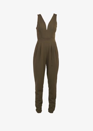 Oluva zaļa kombinezons ar dziļu V veida kakla izgriezumu, bez piedurknēm, ar krokotu priekšpusi un sašaurinātām kājām. Izgatavots no gludas auduma ar strukturētu piegriezumu.