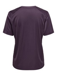 Paars sportshirt met korte mouwen, een getextureerd ontwerp, ronde hals en raglanmouwen. Glad materiaal met een subtiele glans.