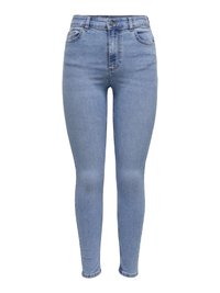 Skinny jeans in light blue denim. High-waisted design with five pocket styling, a front button closure, and subtle fading details.