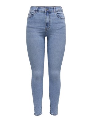 Slim fit jeans in lichtblauwe denim. Hoge taille met vijf zakken, een knoopsluiting aan de voorkant en subtiele vervagingdetails.