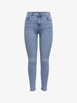 Skinny jeans in light blue denim. High-waisted design with five pocket styling, a front button closure, and subtle fading details.