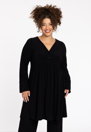 Black long-sleeve dress with a V-neck, gathered waist, and button detail at the collar. Soft material and relaxed fit.