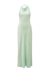 Cowl-neck, sleeveless maxi dress in light mint green satin. Features a flowing silhouette with a soft texture and adjustable tie at the neck.