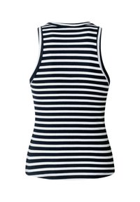 Μαύρο και λευκό ριγέ τοπ χωρίς μανίκια με εφαρμοστό σχεδιασμό, κατασκευασμένο από ριμπ ύφασμα. Διαθέτει στρογγυλεμένο λαιμό και αμάνικη κοπή.