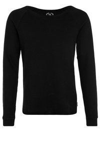 Chemise noire à manches longues avec un col rond, en matière douce, dotée de poignets côtelés et d'une silhouette ajustée. Sans motifs ni accents.