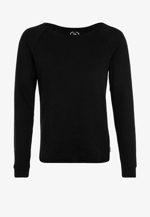 Chemise noire à manches longues avec un col rond, en matière douce, dotée de poignets côtelés et d'une silhouette ajustée. Sans motifs ni accents.