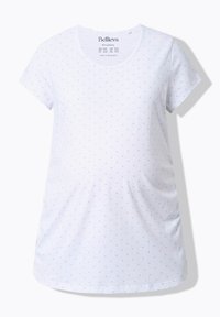 Hvid graviditetst-shirt med korte ærmer, dekoreret med små lilla prikker. Blødt bomuldsstof med pyntede detaljer i siderne.