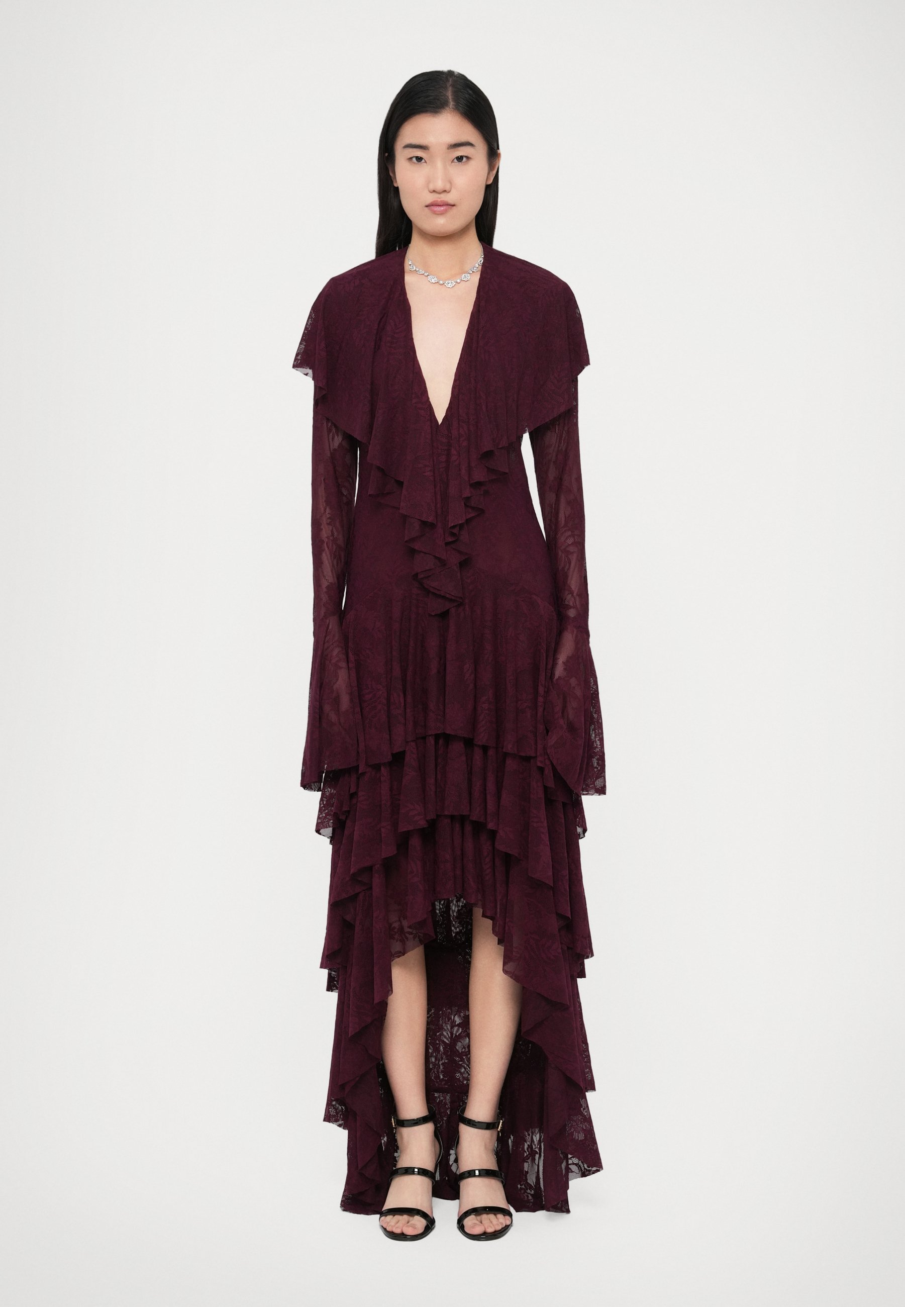 Norma Kamali LOW LONG SLEEVE DEEP V RUFFLE - Maxi dress - plum/bordeaux -  Zalando.ie