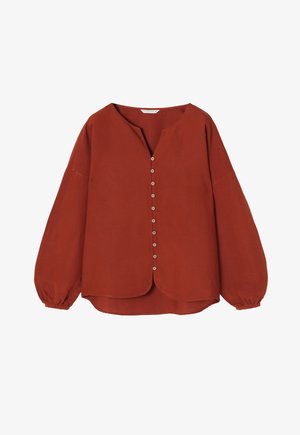 Rust-colored blouse with a V-neck, button-down front, and long puff sleeves. Smooth texture and rounded hem with a loose fit.