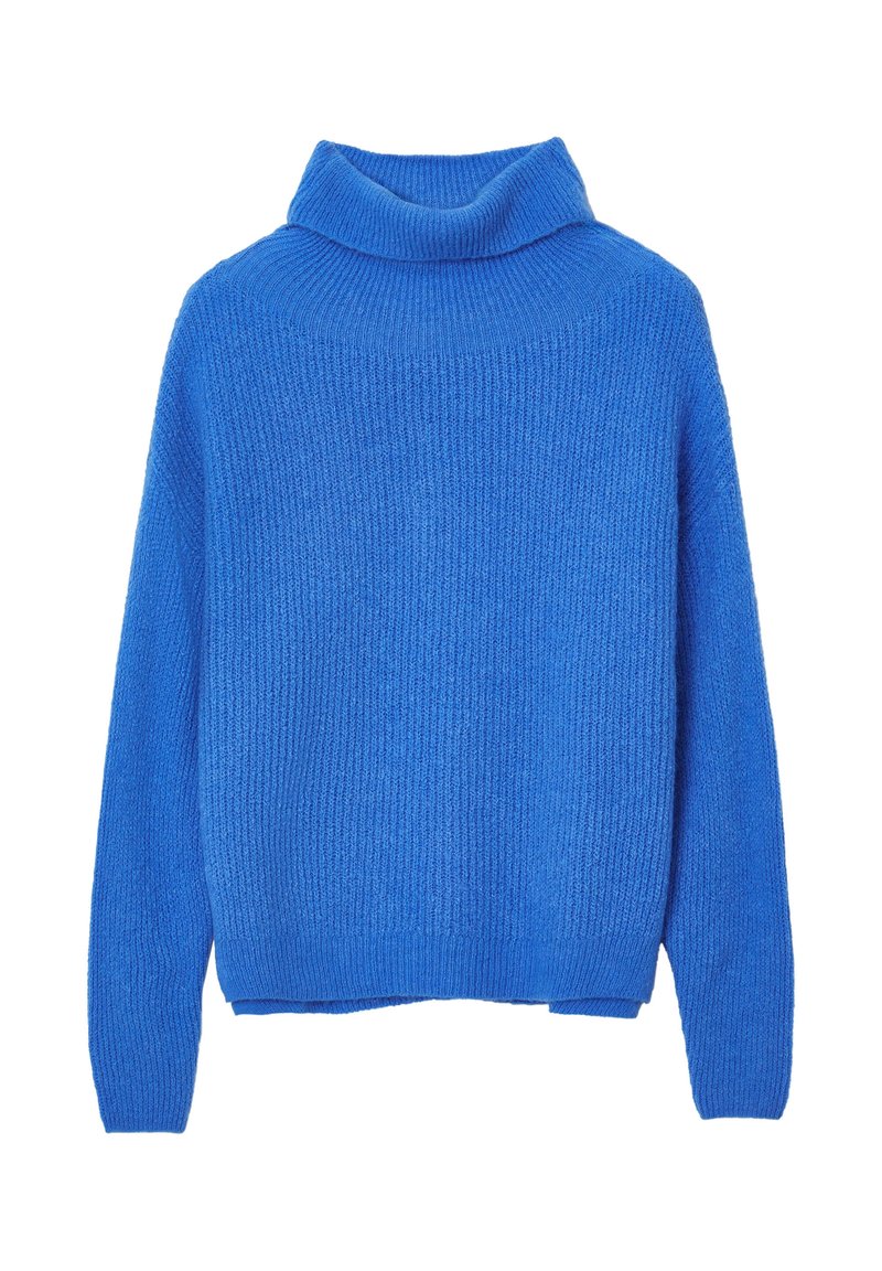 Blauer gestrickter Pullover mit einem hohen, umgeschlagenen Kragen, der ein strukturiertes, geripptes Muster und lange Ärmel aufweist. Der Saum ist leicht verkürzt.