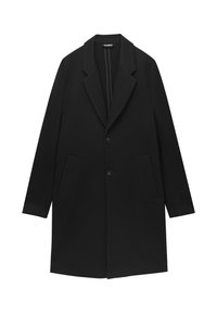 Cappotto in misto lana nero con revers a punta, due tasche frontali e chiusura a un bottone; forma sartoriale e texture liscia.