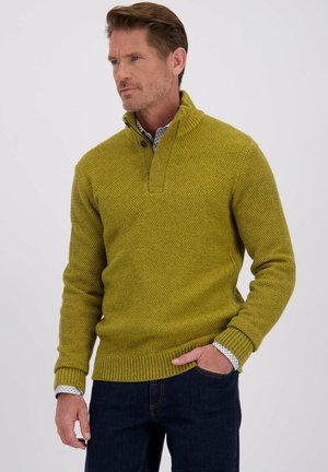 Mosterdgroene gebreide pullover met hoge kraag, met een gestructureerd patroon, geribde manchetten en zoom. Draag het over een overhemd met kraag.