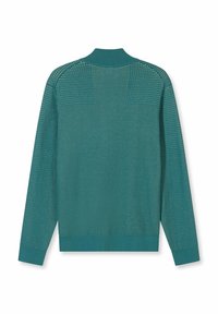 Teal knitted sweater with a high collar, featuring a textured mesh pattern and ribbed cuffs and hem.  Long sleeves with a relaxed fit.