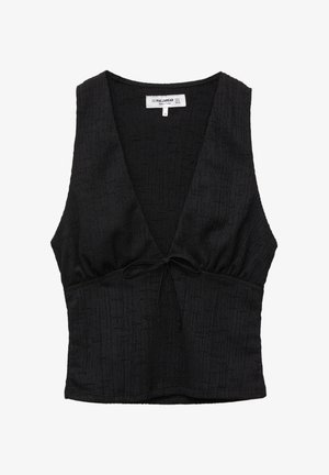 Zwarte cropped top met een diepe V-hals, textiel met structuur en een verstelbare knoop in de taille. Eenvoudig ontwerp en lichtgewicht materiaal.