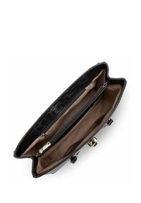 Borsa in pelle nera goffrata coccodrillo con interno morbido beige, dotata di due scomparti, una tasca con zip e dettagli in metallo dorato.