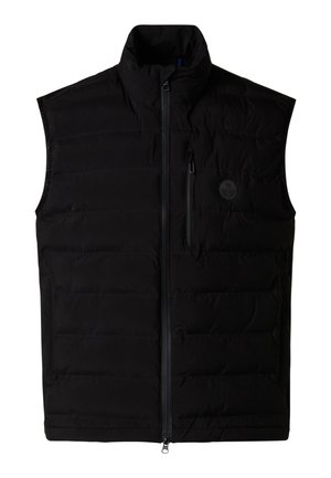 Gilet imbottito nero senza maniche con zip frontale e tasca sul petto con zip, con un piccolo logo tondo sul lato sinistro.